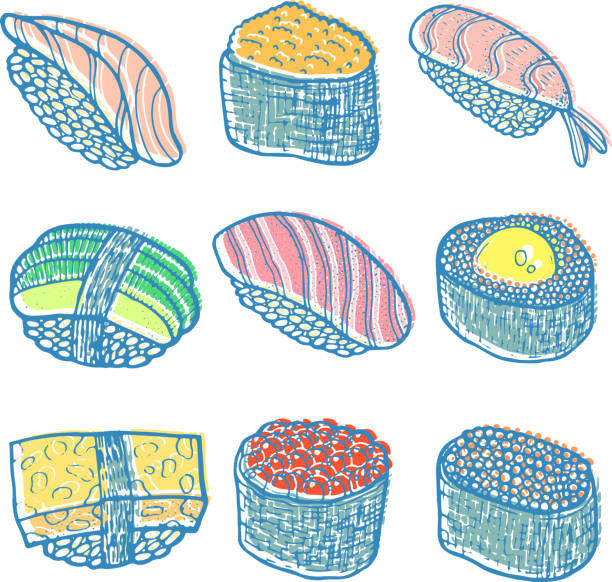 ilustrações, clipart, desenhos animados e ícones de conjunto de sushi. esboço de ilustração colorida. coleção de sushi e rolos. frutos do mar japoneses. elementos para o design do menu do restaurante. ilustração vetorial. - skratch