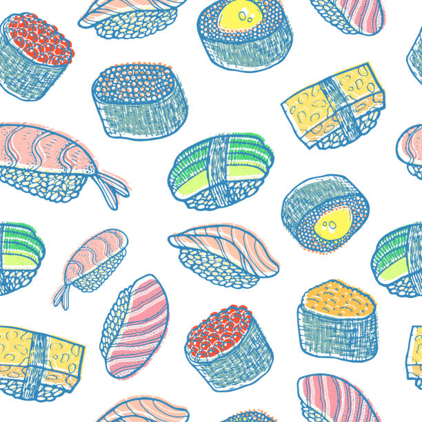 ilustrações, clipart, desenhos animados e ícones de sushi padrão perfeito. esboço de ilustração colorida. sushi e enfeite de rolos. frutos do mar japoneses. plano de fundo para design de menu de restaurante. ilustração vetorial. - skratch