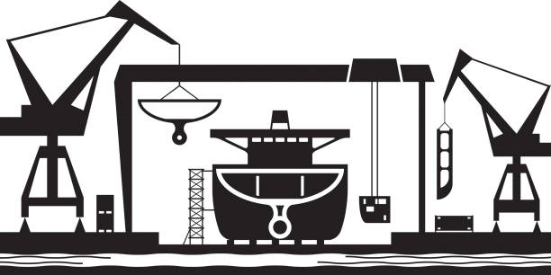 illustrazioni stock, clip art, cartoni animati e icone di tendenza di contesto dell'industria cantieristica - passenger ship ferry crane harbor