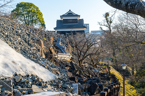Kumamoto Castle in 2020. The castle sustained damage in earthquake on 2016. In the present the efforts to repair the castle have begun. Kumamoto Prefecture, Japan