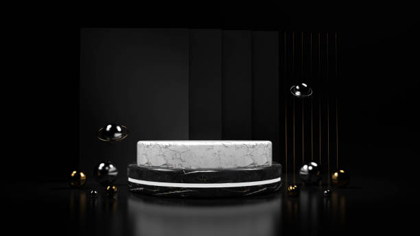 istock Abstract black background with geometric shape podium for product. 3d rendering 1213960858