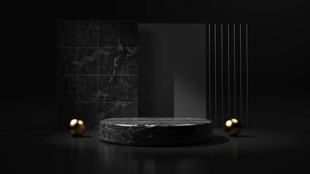 istock Abstract black background with geometric shape podium for product. 3d rendering 1213960859