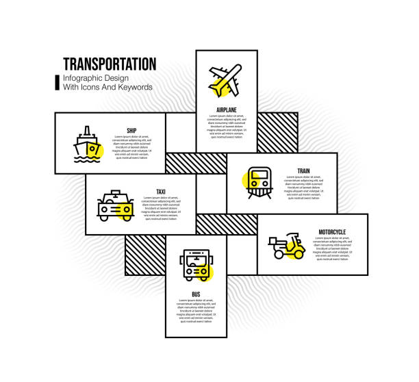 infografik-designvorlage mit transportschlüsselwörtern und symbolen - railroad track direction choice transportation stock-grafiken, -clipart, -cartoons und -symbole