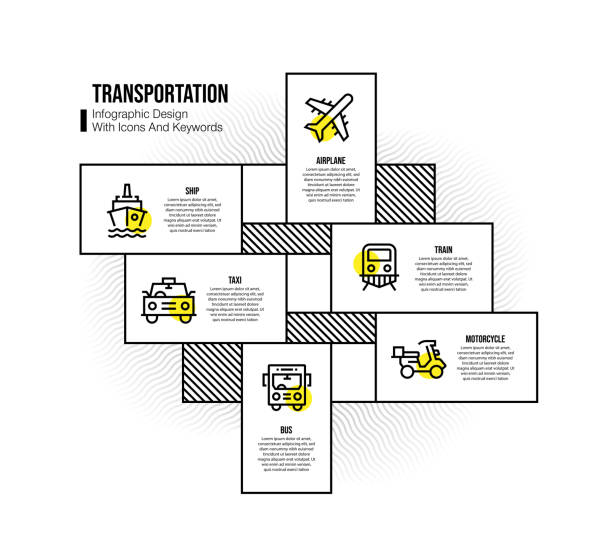 illustrazioni stock, clip art, cartoni animati e icone di tendenza di modello di progettazione infografica con parole chiave e icone di trasporto - railroad track direction choice transportation