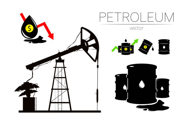 illustrations, cliparts, dessins animés et icônes de ensemble vectoriel de 5 panneaux d’huile et de derrick. pétrole de symbole noir, argent de dollar, solated sur le fond blanc. crise financière mondiale. silhouette de baril et liguid tache. industrie de l’exploration - liguid