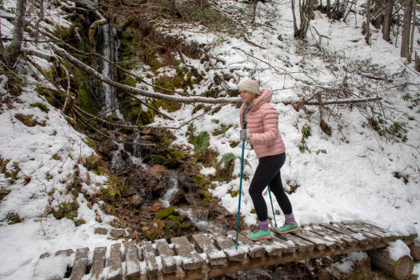 女性ハイカーは雪に覆われた遊歩道を横切って歩く - 16198 ストックフォトと画像