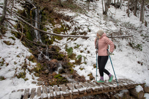 女性ハイカーは雪に覆われた遊歩道を横切って歩く - 16192 ストックフォトと画像