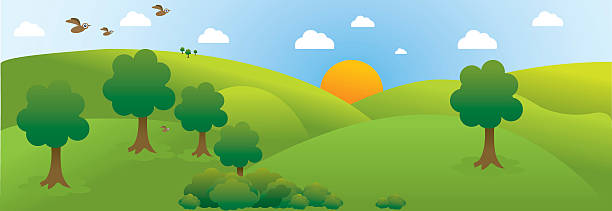 ilustraciones, imágenes clip art, dibujos animados e iconos de stock de escena rural - rolling landscape illustrations