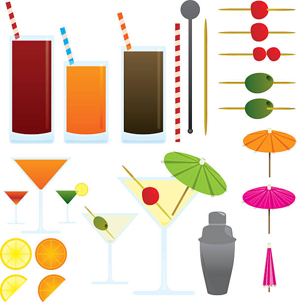 ilustraciones, imágenes clip art, dibujos animados e iconos de stock de conjunto de iconos de cócteles y bebidas - drink umbrella cocktail glass isolated