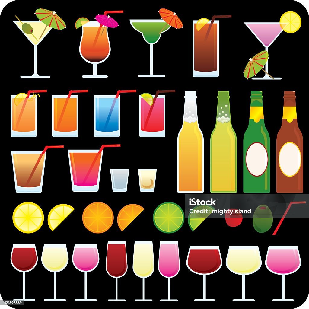 Party trinken-icons auf schwarzem Hintergrund - Lizenzfrei Bierflasche Vektorgrafik
