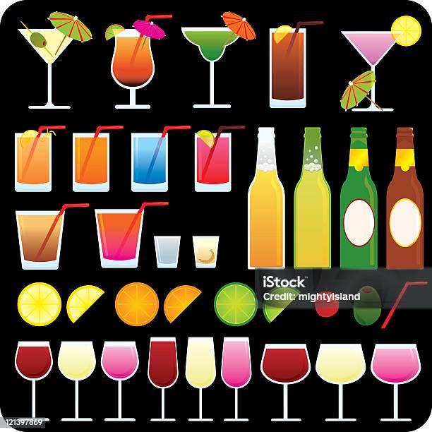 Party Trinkenicons Auf Schwarzem Hintergrund Stock Vektor Art und mehr Bilder von Bierflasche - Bierflasche, Cocktailschirmchen, Limette