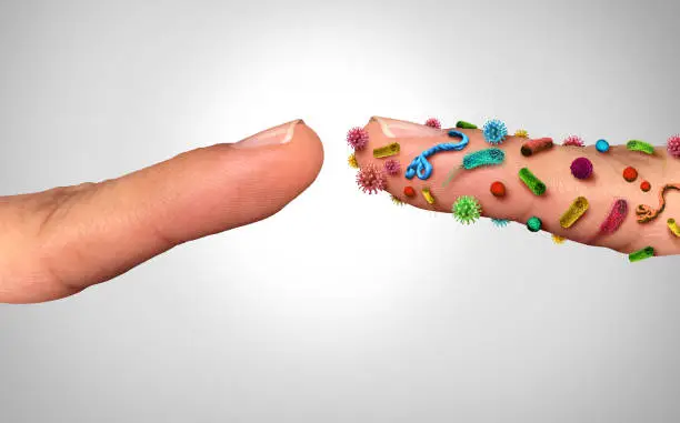 Human Infectious diseases spread hygiene concept as fingers with germ virus and bacteria spreading with illness as virus exposure concept and infected people with 3D illustration elements.