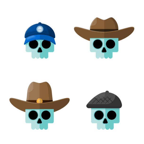 Skulls in Hats Flat Vector Graphic Icon Set This is a vector eps set of four skulls in different hats. flat cap stock illustrations
