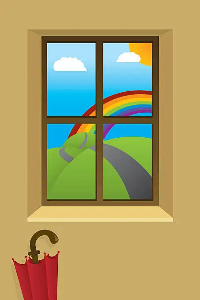Vector illustration of View from a window with umbrella and rainbow