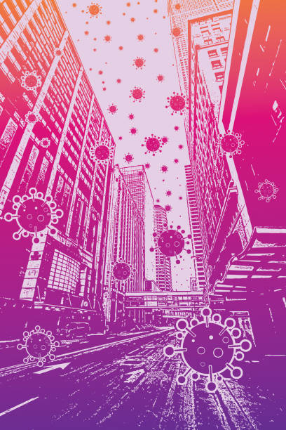 istock Empty city streets with COVID-19 virus floating in the air 1213982435