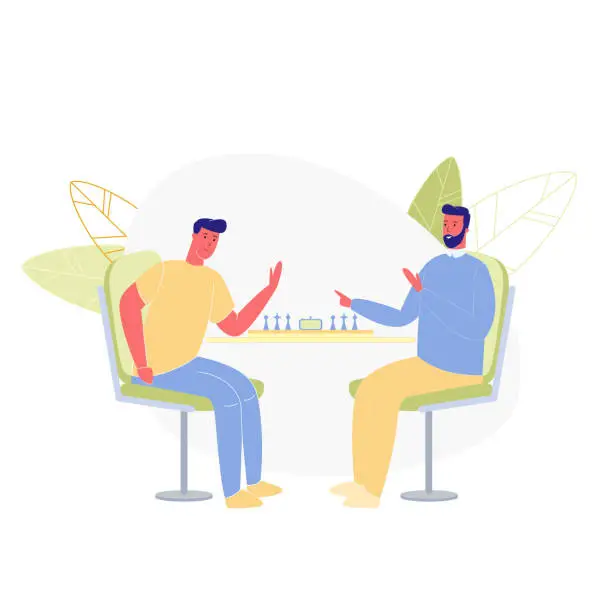 Vector illustration of Couple of Men Play Chess on White Background.