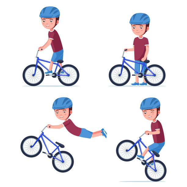 Vector boy riding a bmx bike Boy riding a bmx bike. Vector illustration set cartoon kid in a helmet drives a small children bicycle. Group boy riding a blue sports BMX bike. Child performs stunts on a bicycle. bicycle stunts stock illustrations