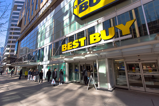 Toronto, Canada-20 March, 2020: Best Buy implements changes that include reducing store hours and permitting small number of customers into the store to comply with social distancing guidelines