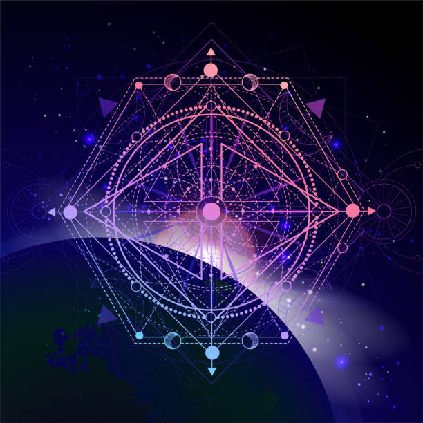 istock Vector illustration of Sacred geometric symbol against the space background with sunrise and stars. 1213989432