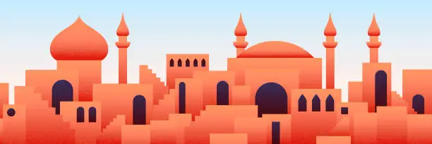 Vector illustration of Arabic city panorama in orange desert color with mosque silhouettes