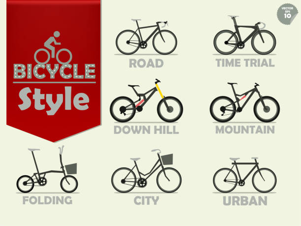 satz von fahrrad, die aus mountainbike, rennrad, downhill-bike, stadtfahrrad, stadtfahrrad, zeitfahren fahrrad und faltrad bestehen - wheel cycling nobody outdoors stock-grafiken, -clipart, -cartoons und -symbole