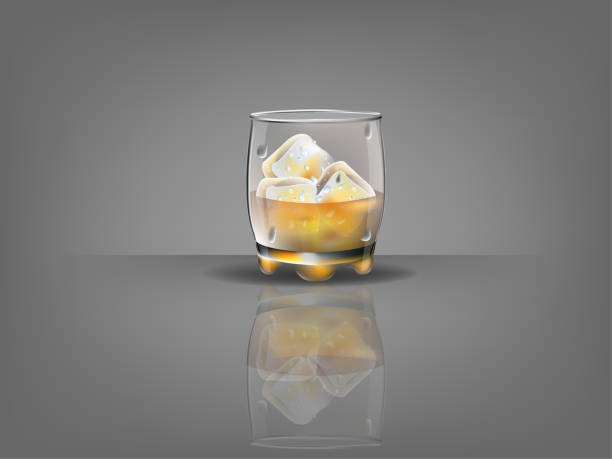 ilustrações de stock, clip art, desenhos animados e ícones de realistic beautiful whiskey glass with ice cubes and whiskey vector - malt white background alcohol drink