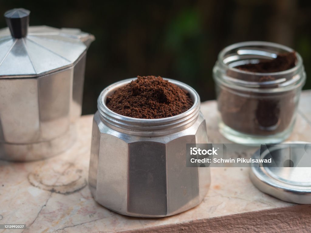 Ground Coffee In Moka Pot Filter Prepare For Making Coffee Stock Photo -  Download Image Now - iStock