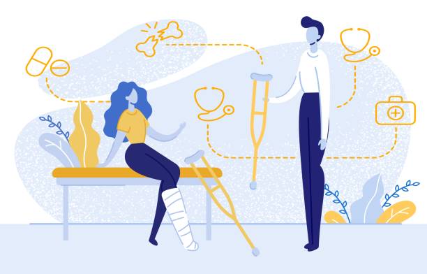 Man Helping Girl with Trauma and Givivng Crutch. Young Woman with Broken Leg Sitting on Couch with Crutch Flat Cartoon Vector Illustration. Man Helping Girl and Givivng Toggle. Patient with Trauma Waiting for Doctor Consultation. woman feet bed stock illustrations