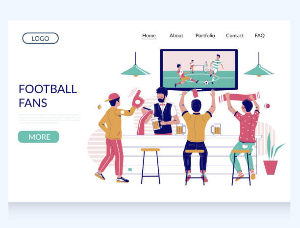 Football fans vector website landing page design template Football fans vector website template, landing page design for website and mobile site development. Group of people soccer fans drinking beer and watching football match in sport bar, pub. men watching soccer game stock illustrations