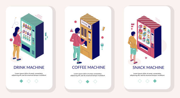 illustrations, cliparts, dessins animés et icônes de application mobile de machine de vendage sur le modèle de vecteur d’écrans de distributeur - vending machine