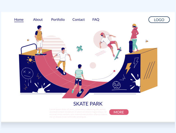 stockillustraties, clipart, cartoons en iconen met ontwerpsjabloon voor de bestemmingspagina van de skateparkvectorwebsite - skateboardpark