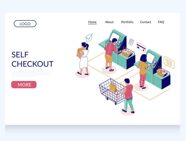Self checkout vector website landing page design template Self checkout vector website template, landing page design for website and mobile site development. Isometric self service checkout at store and customers making purchases. self checkout stock illustrations