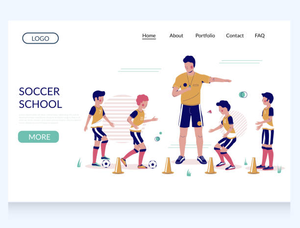 Soccer school vector website landing page design template Soccer school vector website template, landing page design for website and mobile site development. Coach teaching children to play soccer game. Football coaching. athletic trainer stock illustrations