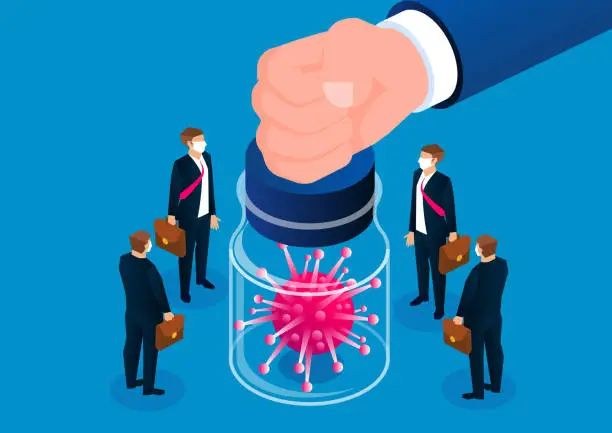 Vector illustration of Viral compulsory isolation policy, huge hands sealed new type of pneumonia virus in glass jars, and isolated from the crowd