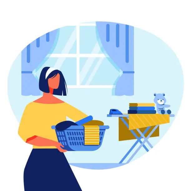 Vector illustration of Housewife wiht Box on Background Ironing Board.