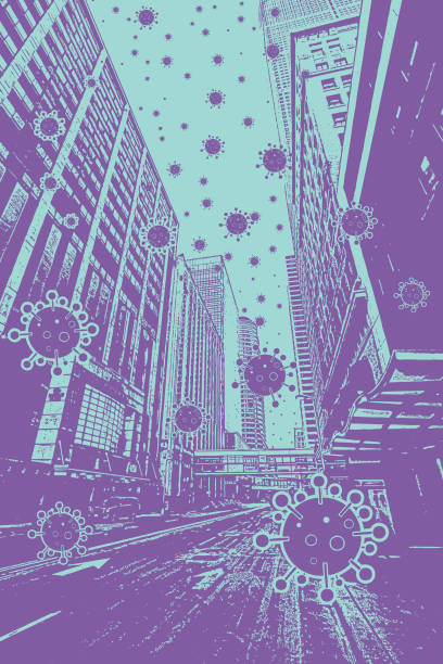 istock Empty city streets with COVID-19 virus floating in the air 1213997700