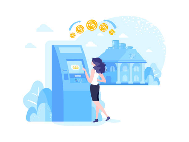 Confident Businesswoman in Suit Standing near ATM. Modern Confident Adult Businesswoman Standing near ATM to Pay Money. Beautiful Woman in Suit has Opportunity Profit from Bank. Business Financial Security. Terminal Payment Vector Illustration. banking silhouettes stock illustrations