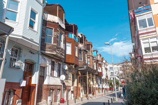Istanbul Turkey - July 21, 2023: Street with colorful buildings in Balat Fener, Istanbul Turkey