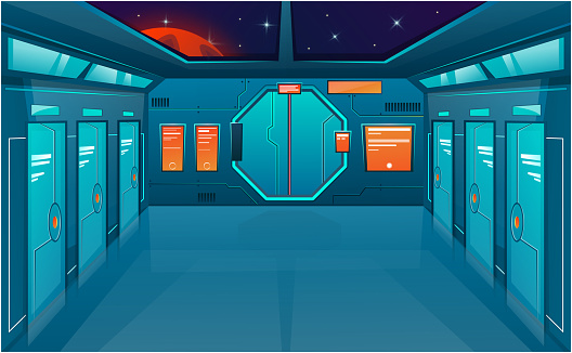 Spaceship Corridor With Closed Doors Vector Cartoon Background Futuristic  Interior Room Space Outside Cosmos Vector Game Stock Illustration -  Download Image Now - iStock