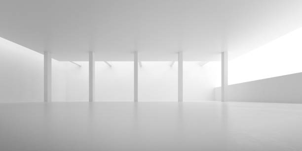 Abstract of concrete space with sun light cast the shadow on the wall ,Geometric structure, Museum space,Perspective of brutalism  architecture,3d rendering.