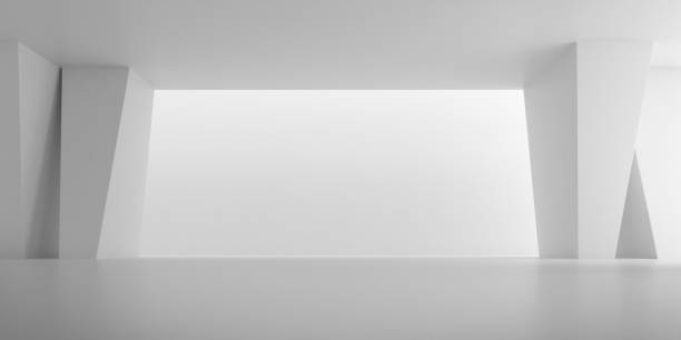 istock Abstract of concrete space with sun light cast the shadow on the wall ,Geometric structure, Museum space,Perspective of brutalism  architecture,3d rendering. 1214003181