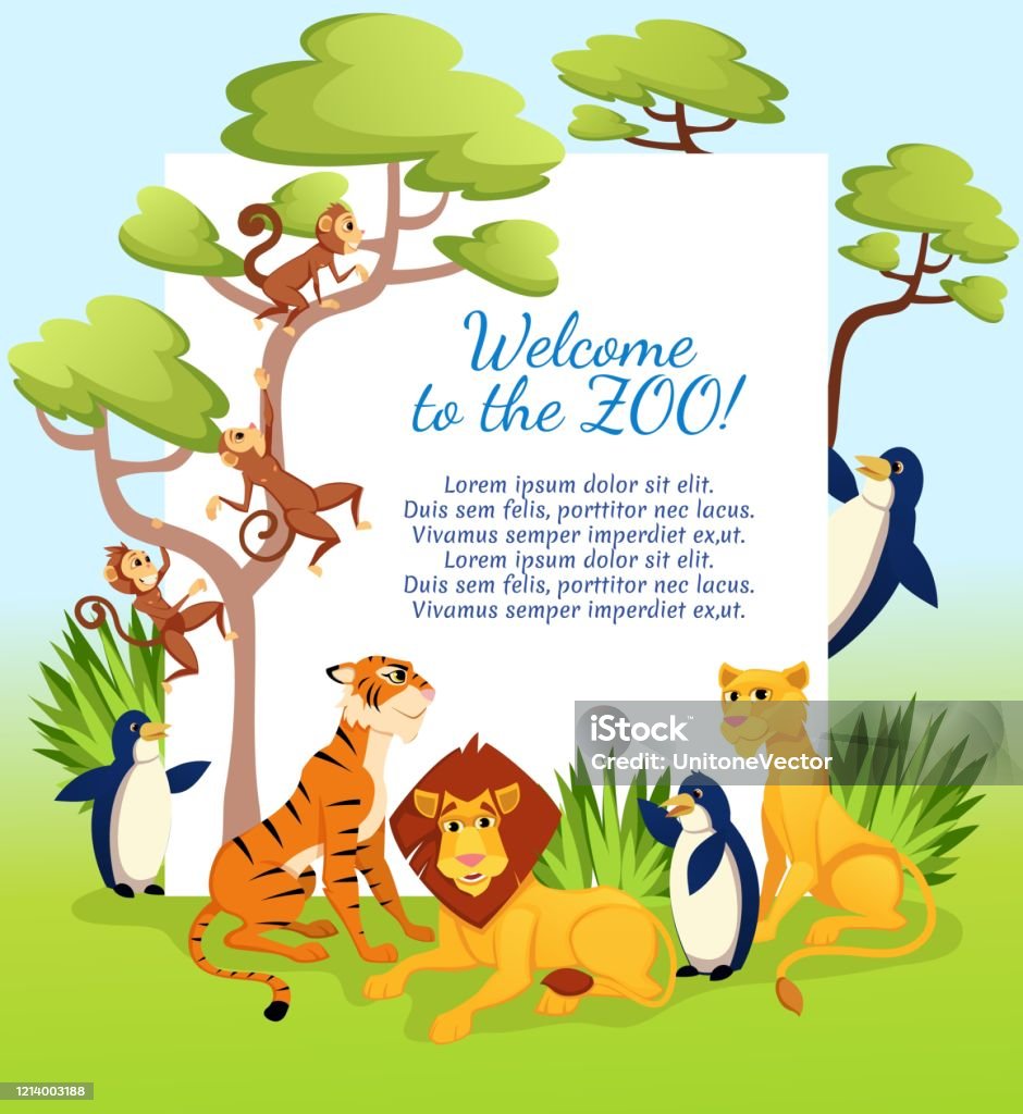 Welcome To Zoo Wild Animals On Nature Background Stock Illustration -  Download Image Now - Monkey, Tree, Africa - iStock