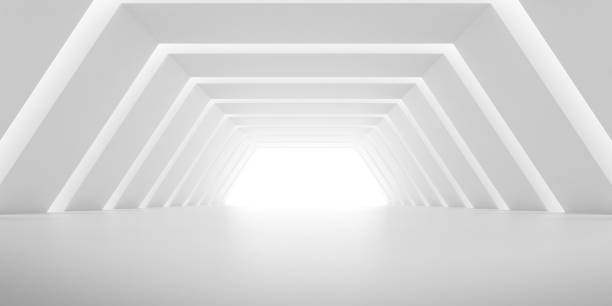 istock Abstract of white concrete tunnel with the light cast shadow on the wall ,Geometric structure,Perspective of brutalism  architecture,Museum space design. 3d rendering. 1214003234