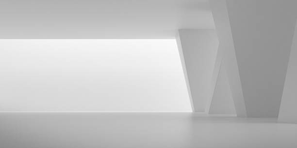 istock Abstract of concrete space with sun light cast the shadow on the wall ,Geometric structure, Museum space,Perspective of brutalism  architecture,3d rendering. 1214003236