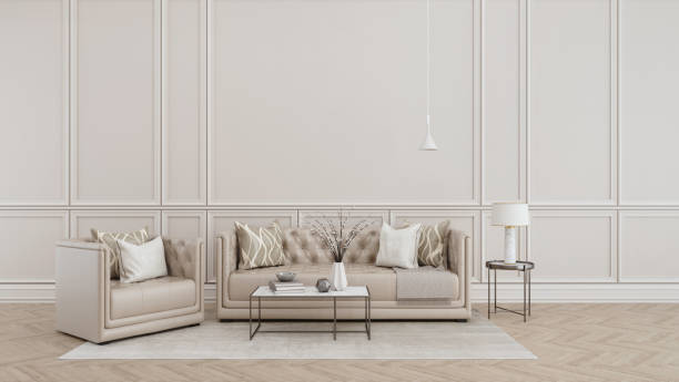 istock Modern classic interior.Sofa,armchair,side table with lamps.White vase on table.White wall and wooden floor with carpet 1214004064