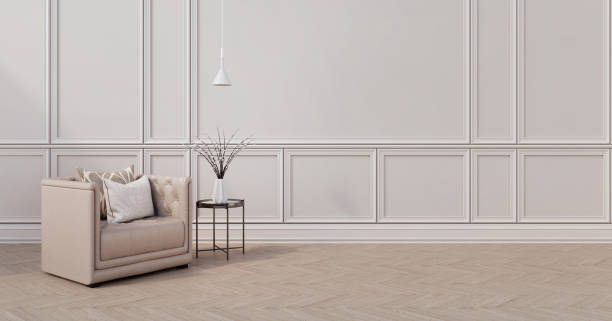 istock Modern classic interior.Armchair,pillows,side table with vase and ceiling lamp.White wall and wooden floor 1214004095