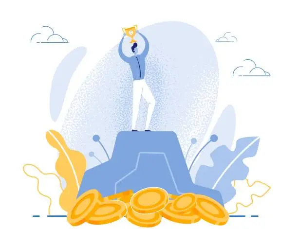 Vector illustration of Man on Hill Peak Holds Trophy Cup and Coins Below