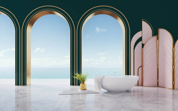 mock up interni in stile art deco. vasca da bagno con vaso d'oro e asciugamano sullo sfondo vista mare - window arch white indoors foto e immagini stock