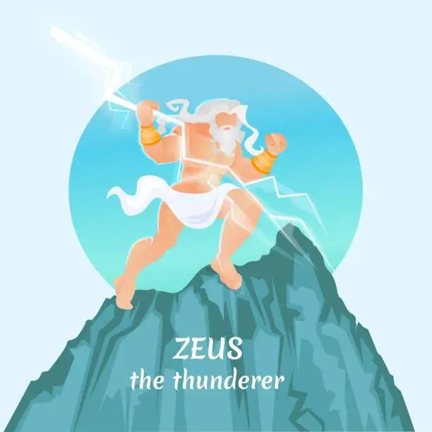 Vector illustration of Greek God Zeus with Lighting Bolts, Mythology