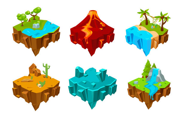 cartoon isometrische insel plattformen für spiel. - isometric sea coastline beach stock-grafiken, -clipart, -cartoons und -symbole